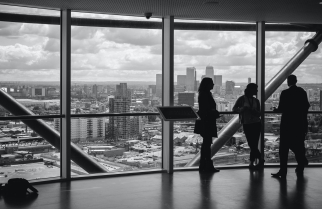 Boardroom overlooking city skyline