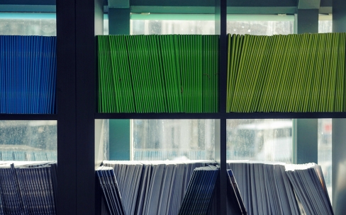 Shelves with coloured files on