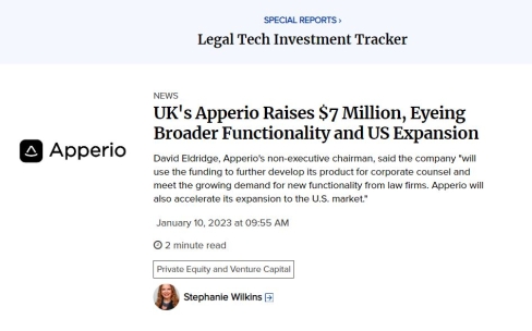 Legaltech News: UK's Apperio Raises $7 Million, Eyeing Broader Functionality and US Expansion